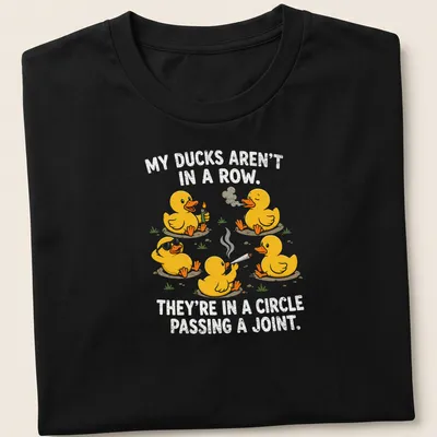 Cartoon ducks in a circle with humorous text about passing a joint
