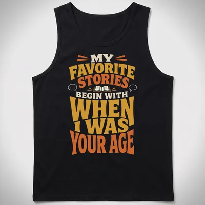 Retro T-shirt featuring a storytelling quote in bold, warm colors. — printed on a tank top