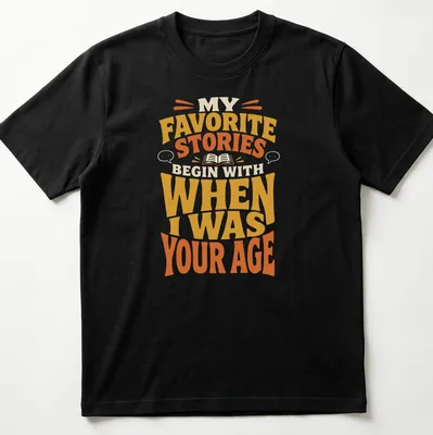 Retro T-shirt featuring a storytelling quote in bold, warm colors. — printed on a unisex t-shirt
