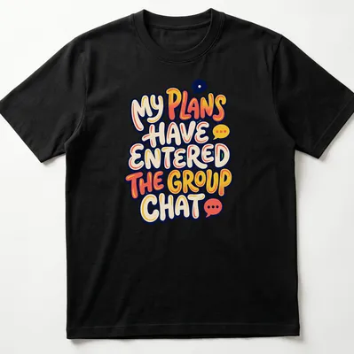 Colorful speech bubbles with text about group chat plans on a cream background