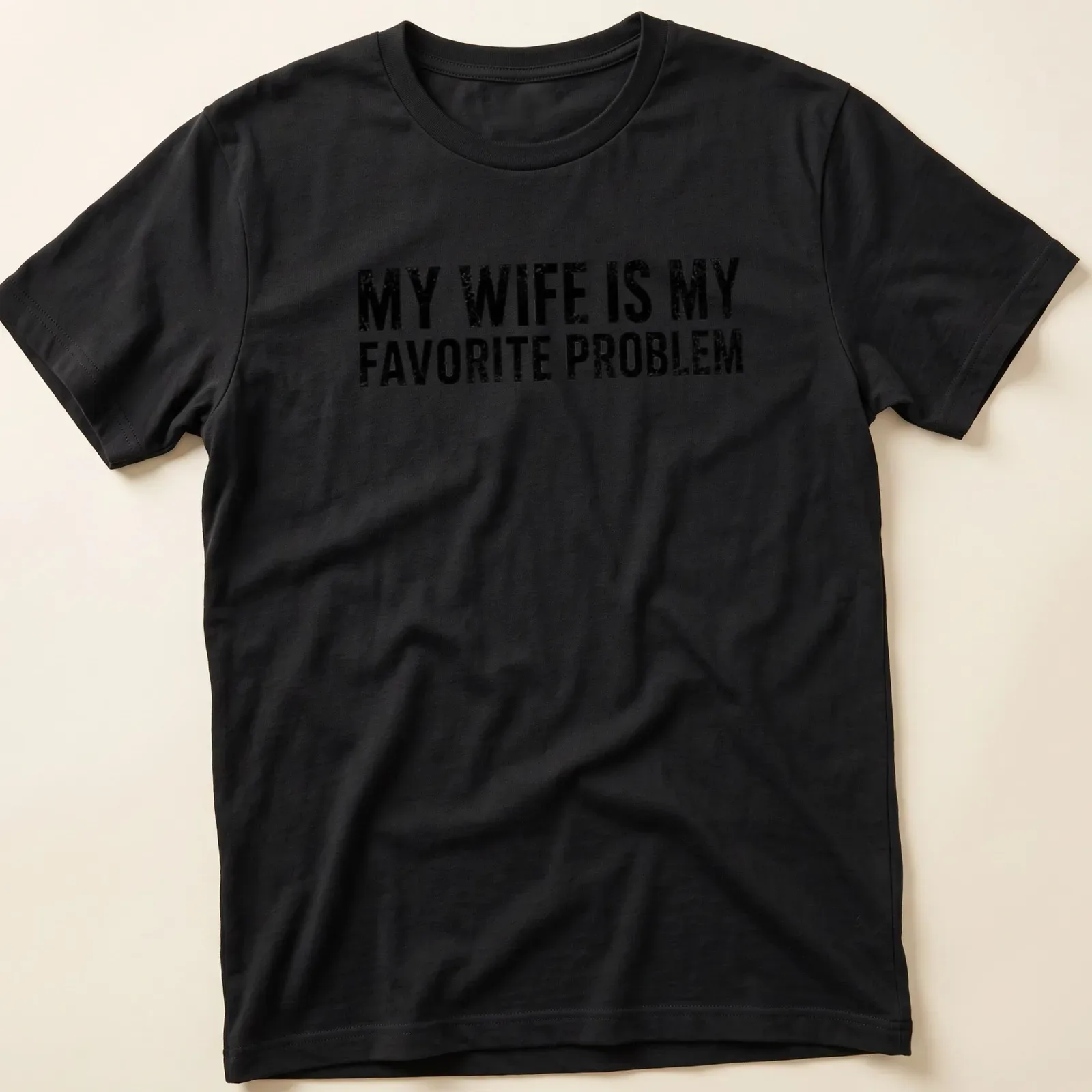 Bold distressed t-shirt with humorous text about marriage — printed on a unisex t-shirt