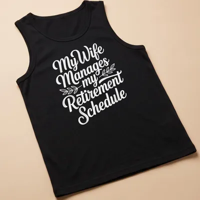 Funny t-shirt with script typography reading 'My Wife Manages my Retirement Schedule' — printed on a tank top