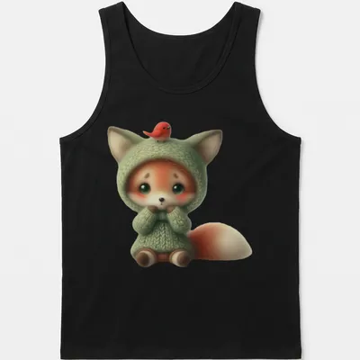 Kawaii-style naive fox with bird on its head in green — printed on a tank top