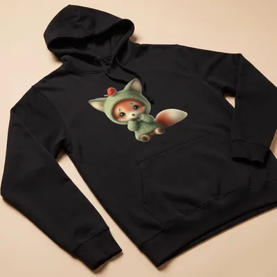 Kawaii-style naive fox with bird on its head in green — printed on a unisex hoodie