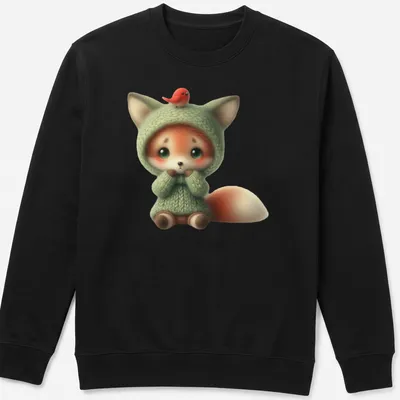 Kawaii-style naive fox with bird on its head in green — printed on a unisex sweatshirt