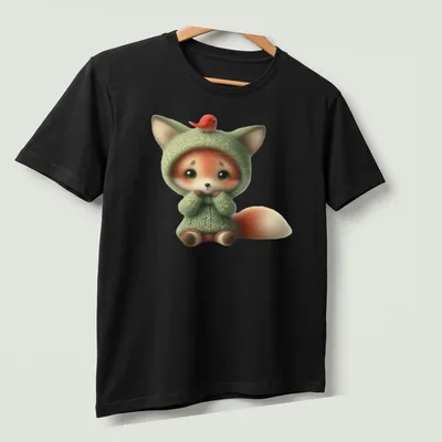 Kawaii-style naive fox with bird on its head in green — printed on a unisex t-shirt (angled view)