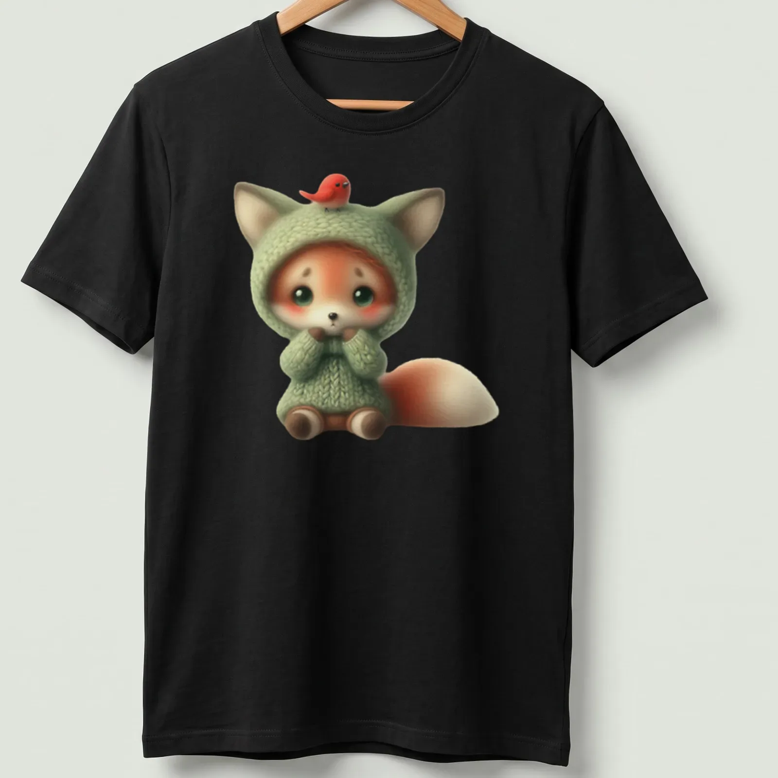 Kawaii-style naive fox with bird on its head in green — printed on a unisex t-shirt