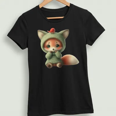 Kawaii-style naive fox with bird on its head in green — printed on a women's shirt