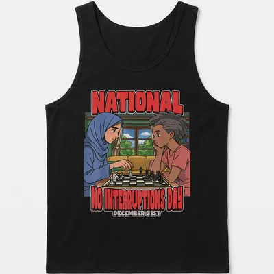 Colorful cartoon design featuring children playing chess with bold text above — printed on a tank top