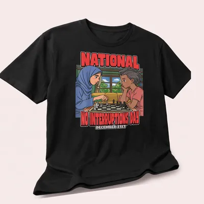 Colorful cartoon design featuring children playing chess with bold text above — printed on a unisex t-shirt (angled view)