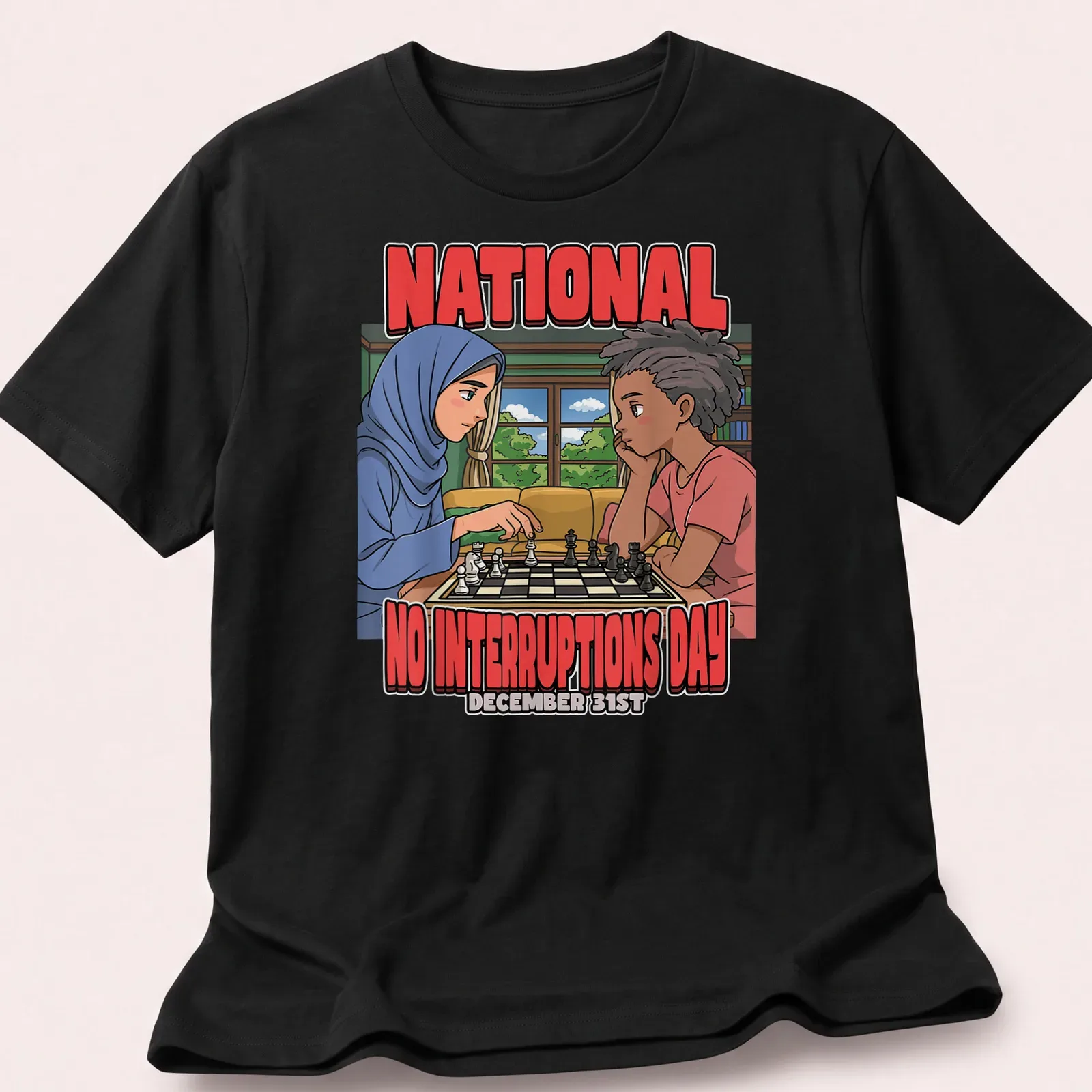 Colorful cartoon design featuring children playing chess with bold text above — printed on a unisex t-shirt