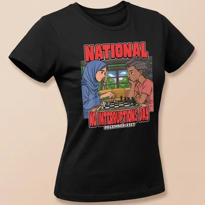 Colorful cartoon design featuring children playing chess with bold text above — printed on a women's shirt