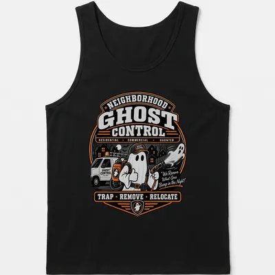 Vintage badge style Neighborhood Ghost Control t-shirt with cartoon ghost and flashlight — printed on a tank top