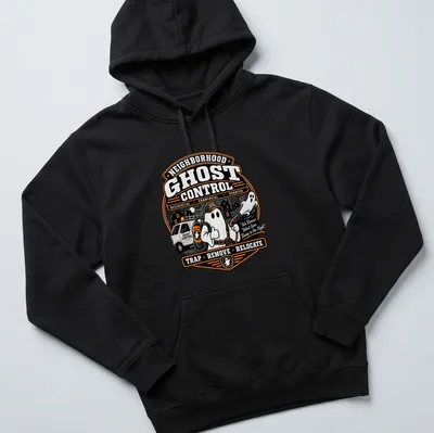 Vintage badge style Neighborhood Ghost Control t-shirt with cartoon ghost and flashlight — printed on a unisex hoodie
