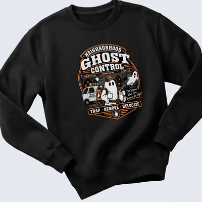 Vintage badge style Neighborhood Ghost Control t-shirt with cartoon ghost and flashlight — printed on a unisex sweatshirt
