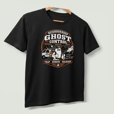 Vintage badge style Neighborhood Ghost Control t-shirt with cartoon ghost and flashlight — printed on a unisex t-shirt (angled view)