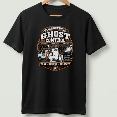 Vintage badge style Neighborhood Ghost Control t-shirt with cartoon ghost and flashlight — printed on a unisex t-shirt