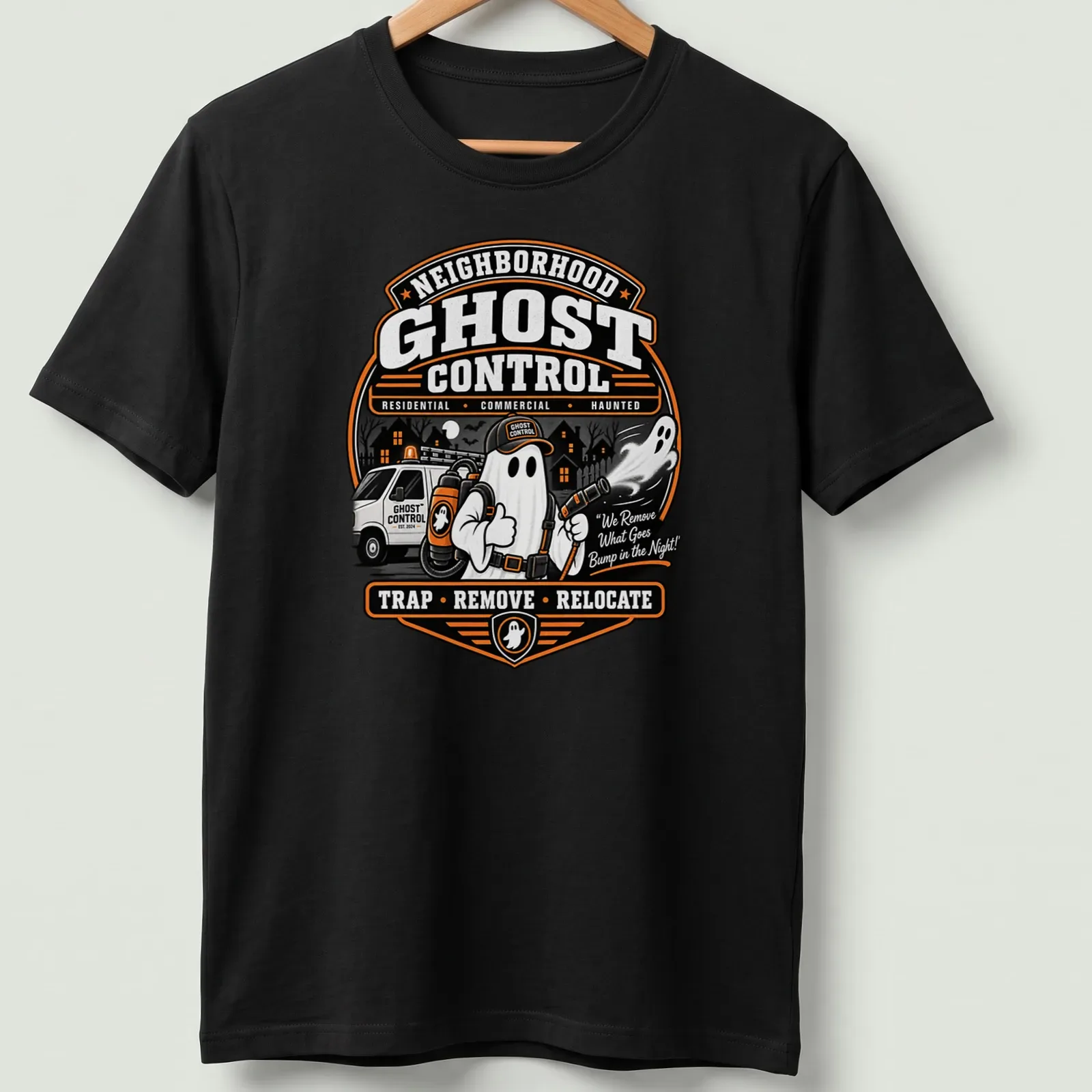 Vintage badge style Neighborhood Ghost Control t-shirt with cartoon ghost and flashlight — printed on a unisex t-shirt