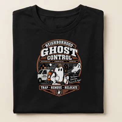 Vintage badge style Neighborhood Ghost Control t-shirt with cartoon ghost and flashlight — printed on a women's shirt