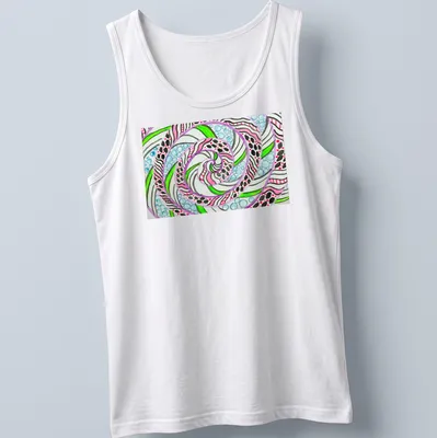 Colorful abstract swirl mandala featuring neon pink, green, blue, and white designs on black — printed on a tank top
