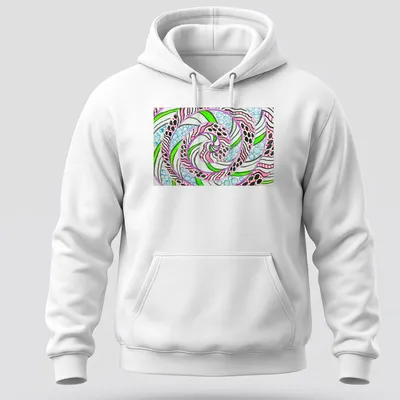 Colorful abstract swirl mandala featuring neon pink, green, blue, and white designs on black — printed on a unisex hoodie