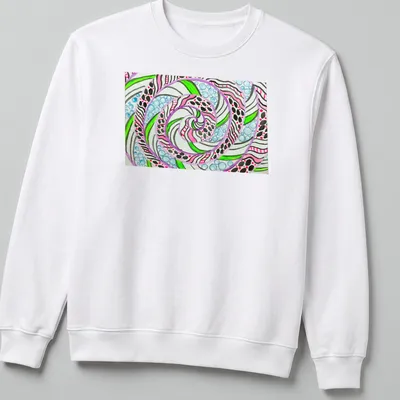 Colorful abstract swirl mandala featuring neon pink, green, blue, and white designs on black — printed on a unisex sweatshirt