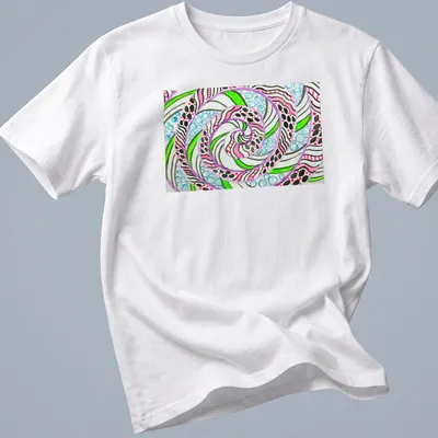 Colorful abstract swirl mandala featuring neon pink, green, blue, and white designs on black — printed on a unisex t-shirt