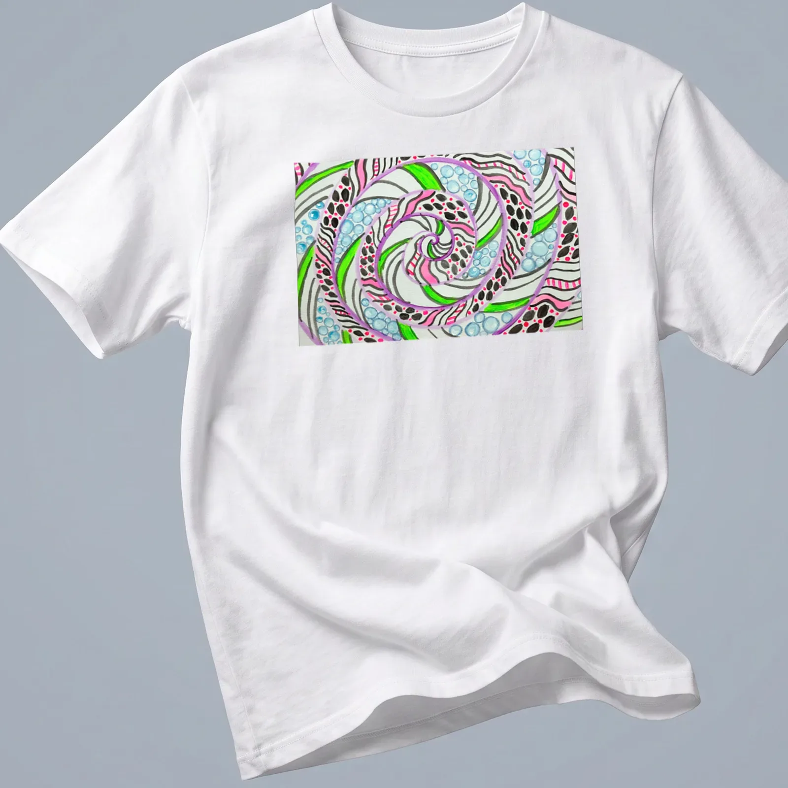 Colorful abstract swirl mandala featuring neon pink, green, blue, and white designs on black — printed on a unisex t-shirt