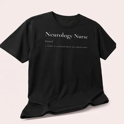Simple black and white Neurology Nurse t-shirt featuring bold text — printed on a unisex t-shirt (angled view)