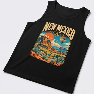Vintage hot air balloon over a desert landscape with printed text about New Mexico. — printed on a tank top