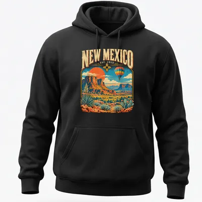 Vintage hot air balloon over a desert landscape with printed text about New Mexico. — printed on a unisex hoodie