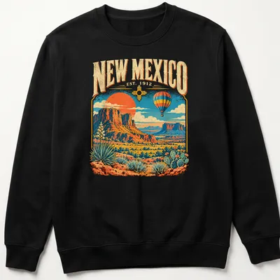 Vintage hot air balloon over a desert landscape with printed text about New Mexico. — printed on a unisex sweatshirt