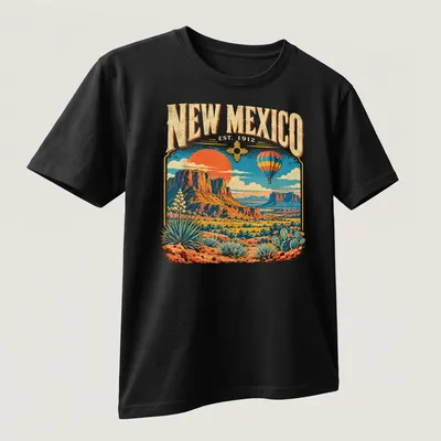Vintage hot air balloon over a desert landscape with printed text about New Mexico. — printed on a unisex t-shirt (angled view)