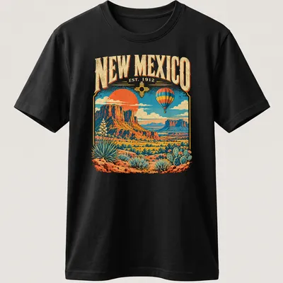 Vintage hot air balloon over a desert landscape with printed text about New Mexico. — printed on a unisex t-shirt