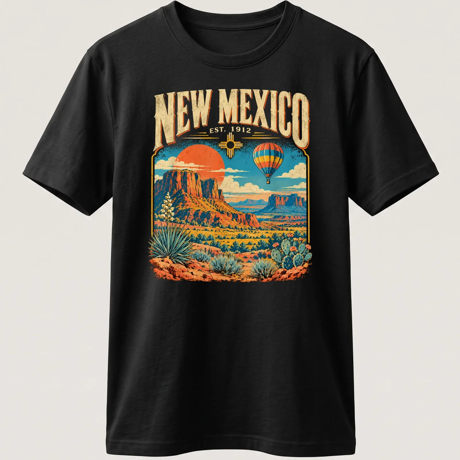 Vintage hot air balloon over a desert landscape with printed text about New Mexico. — printed on a unisex t-shirt