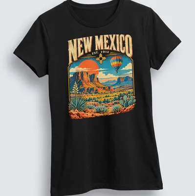 Vintage hot air balloon over a desert landscape with printed text about New Mexico. — printed on a women's shirt