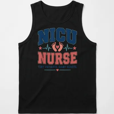 Bold retro graphic with text about NICU nurses and their tiny patients — printed on a tank top