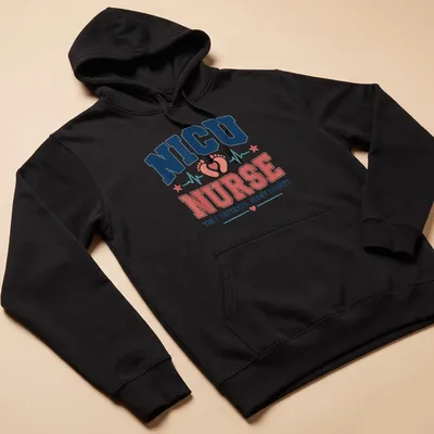 Bold retro graphic with text about NICU nurses and their tiny patients — printed on a unisex hoodie