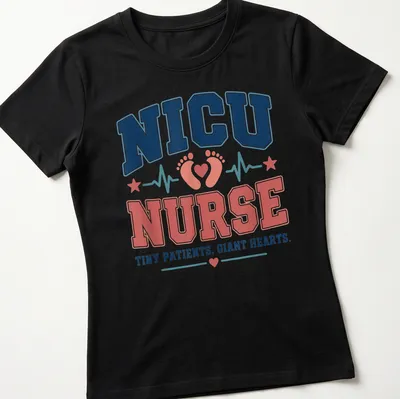 Bold retro graphic with text about NICU nurses and their tiny patients — printed on a women's shirt
