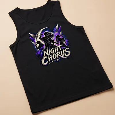 Vintage rock design featuring silhouette singers with night sky and musical theme — printed on a tank top
