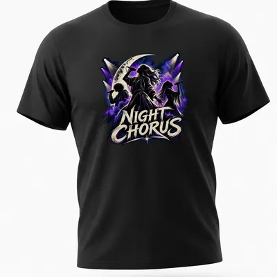 Vintage rock design featuring silhouette singers with night sky and musical theme — printed on a unisex t-shirt