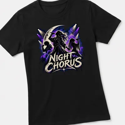 Vintage rock design featuring silhouette singers with night sky and musical theme — printed on a women's shirt
