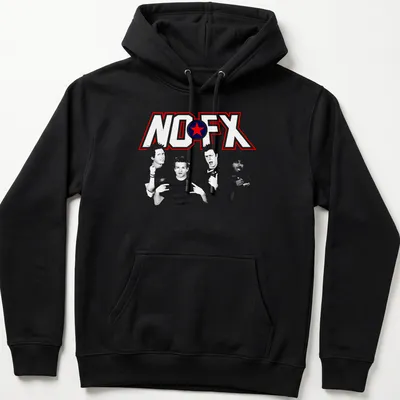Bold NO FX logo T-shirt featuring red, blue, and white colors. — printed on a unisex hoodie