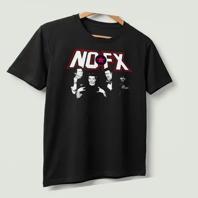Bold NO FX logo T-shirt featuring red, blue, and white colors. — printed on a unisex t-shirt (angled view)