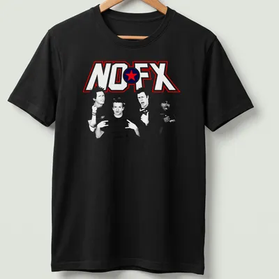 Bold NO FX logo T-shirt featuring red, blue, and white colors.