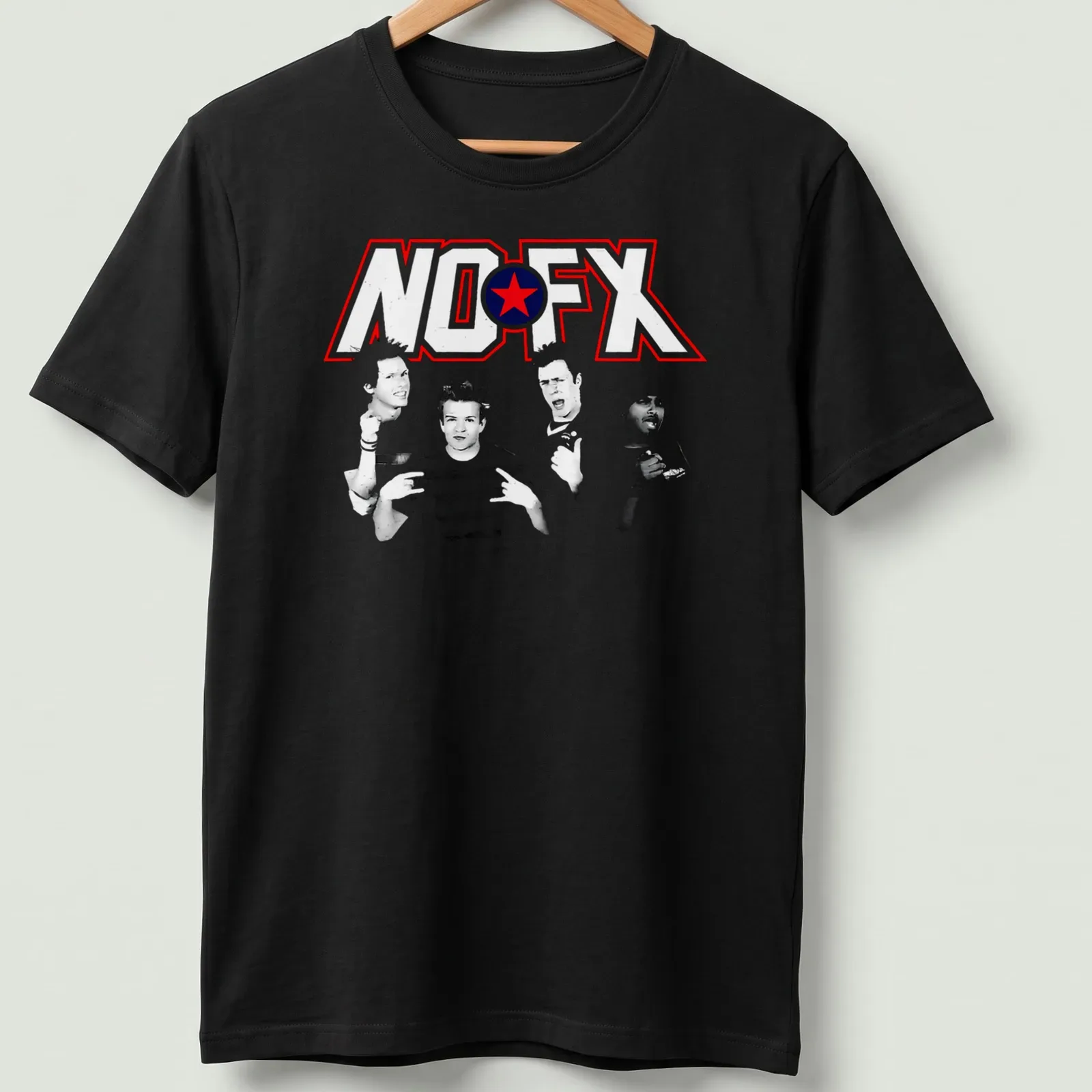 Bold NO FX logo T-shirt featuring red, blue, and white colors. — printed on a unisex t-shirt