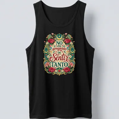 Floral design featuring roses and hearts with heartfelt text on a vintage style — printed on a tank top