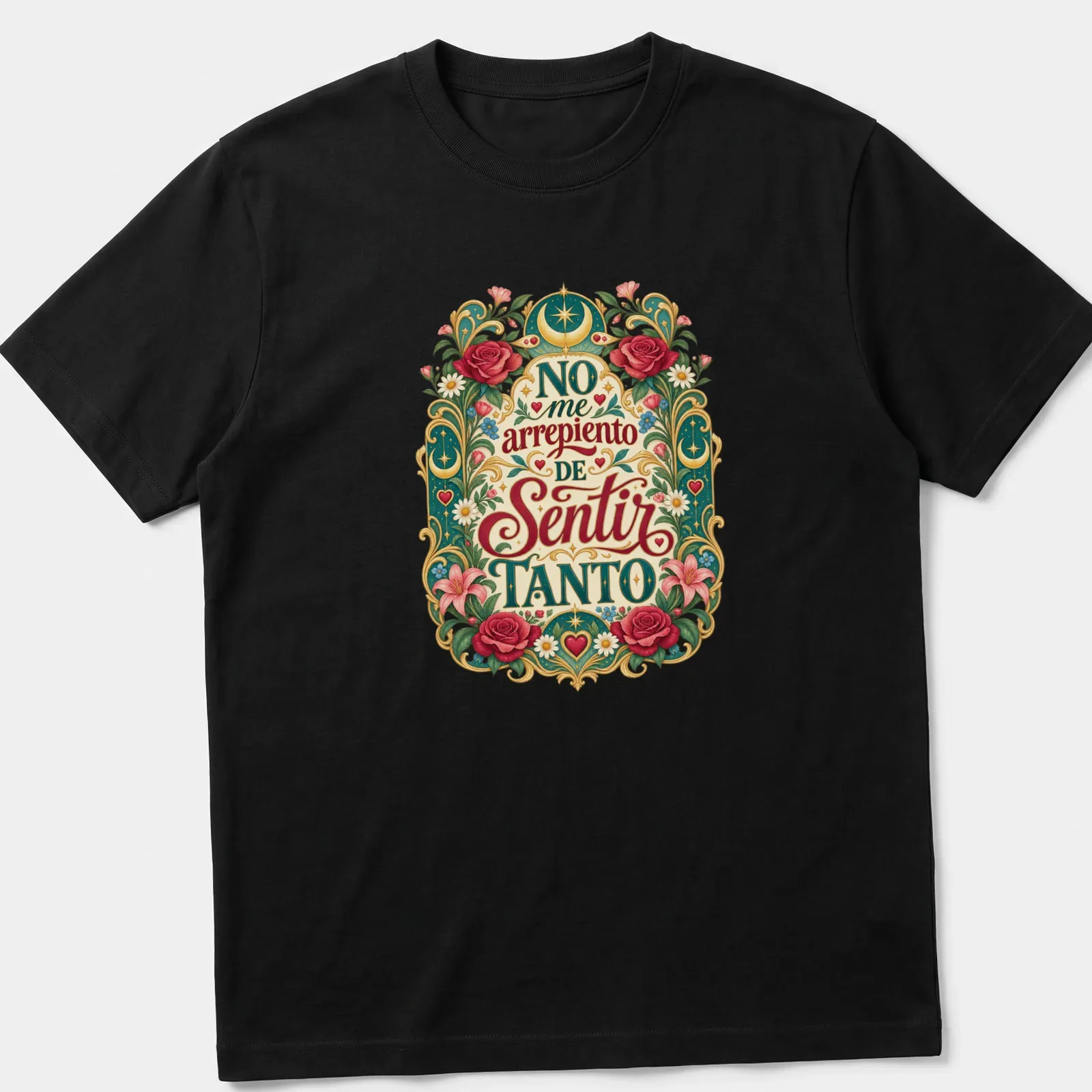 Floral design featuring roses and hearts with heartfelt text on a vintage style — printed on a unisex t-shirt