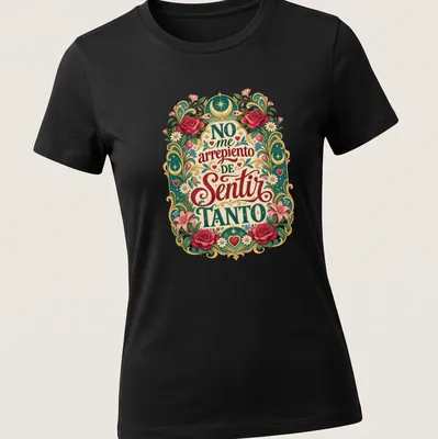 Floral design featuring roses and hearts with heartfelt text on a vintage style — printed on a women's shirt