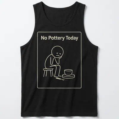 Line-art illustration of a sad potter with the phrase No Pottery Today — printed on a tank top